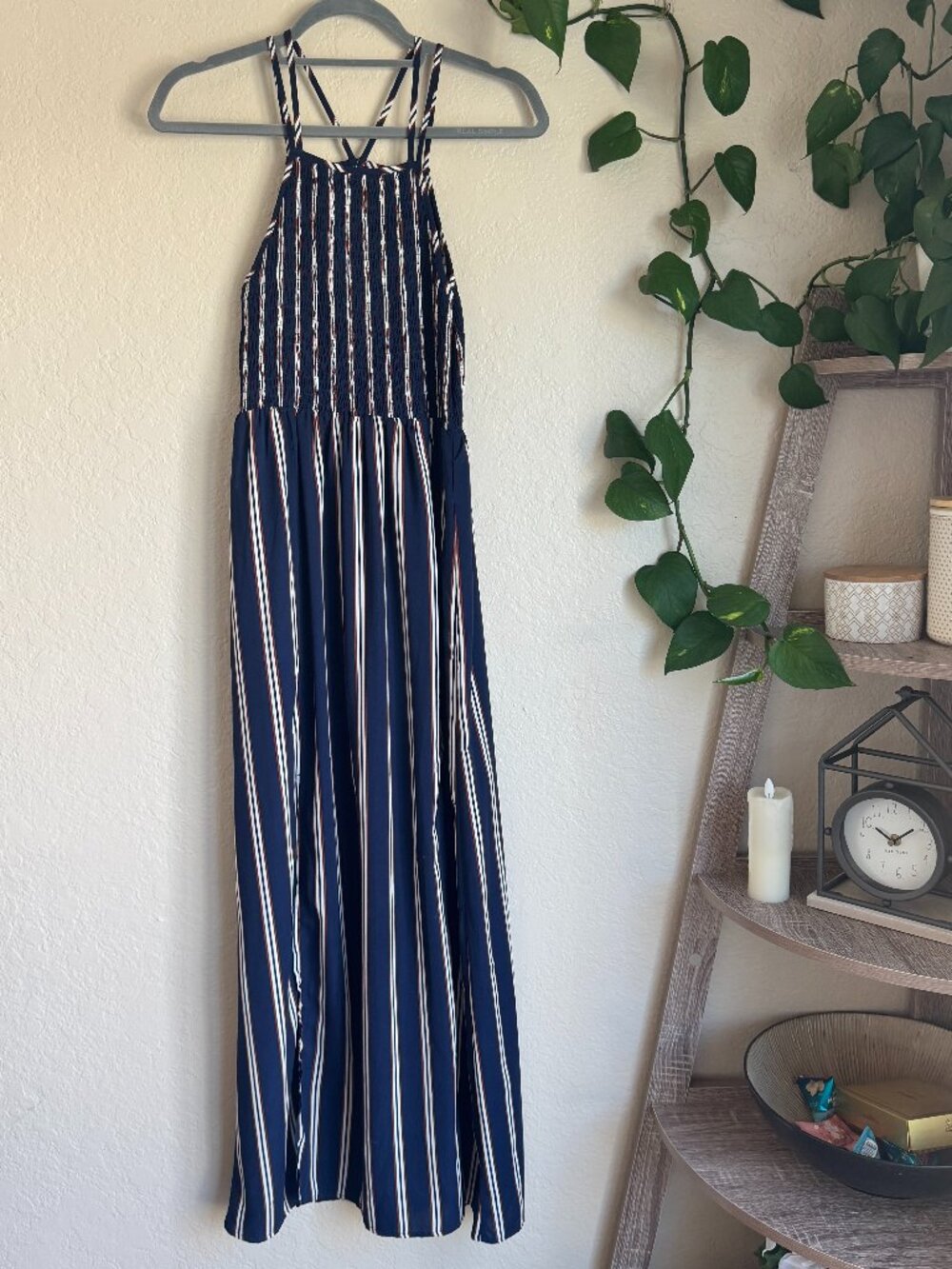 Altar’d State Navy Striped Smocked Halter Maxi Dress Women’s Medium Boho
